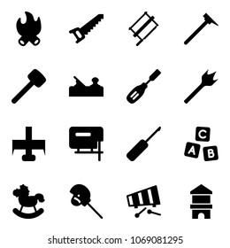 Solid vector icon set - fire vector, saw, bucksaw, mason hammer, rubber, jointer, chisel, wood drill, milling cutter, jig, awl, abc cube, rocking horse, stick toy, xylophone, block house