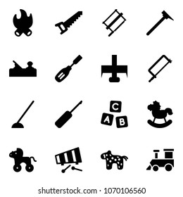 Solid vector icon set - fire vector, saw, bucksaw, mason hammer, jointer, chisel, milling cutter, metal hacksaw, hoe, awl, abc cube, rocking horse, wheel, xylophone, toy, train