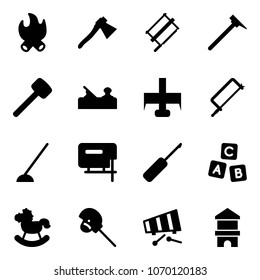 Solid vector icon set - fire vector, axe, bucksaw, mason hammer, rubber, jointer, milling cutter, metal hacksaw, hoe, jig saw, awl, abc cube, rocking horse, stick toy, xylophone, block house