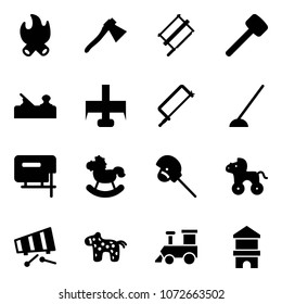 Solid vector icon set - fire vector, axe, bucksaw, rubber hammer, jointer, milling cutter, metal hacksaw, hoe, jig saw, rocking horse, stick toy, wheel, xylophone, train, block house