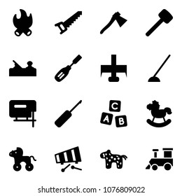 Solid vector icon set - fire vector, saw, axe, rubber hammer, jointer, chisel, milling cutter, hoe, jig, awl, abc cube, rocking horse, wheel, xylophone, toy, train