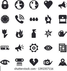 Solid vector icon set - fire flat vector, egg, flower, pulverizer, watering can, tulip, bonfire, earth, phone call, news, mouthpiece, heart, eye, spark, cogwheel, bus fector, antique column, stamp