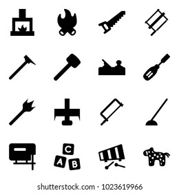 Solid vector icon set - fireplace vector, fire, saw, bucksaw, mason hammer, rubber, jointer, chisel, wood drill, milling cutter, metal hacksaw, hoe, jig, abc cube, xylophone, toy horse