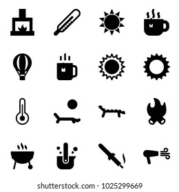 Solid vector icon set - fireplace vector, thermometer, sun, hot tea, air balloon, green, lounger, fire, grill, casting of steel, soldering iron, dryer