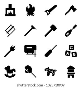Solid vector icon set - fireplace vector, fire, saw, axe, bucksaw, mason hammer, rubber, chisel, wood drill, jig, awl, abc cube, rocking horse, stick toy, block house