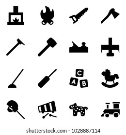 Solid vector icon set - fireplace vector, fire, saw, axe, mason hammer, rubber, jointer, milling cutter, hoe, awl, abc cube, rocking horse, stick toy, xylophone, train
