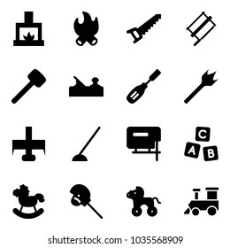 Solid vector icon set - fireplace vector, fire, saw, bucksaw, rubber hammer, jointer, chisel, wood drill, milling cutter, hoe, jig, abc cube, rocking horse, stick toy, wheel, train