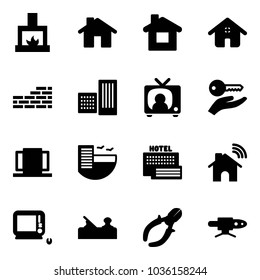 Solid vector icon set - fireplace vector, home, brick wall, building, tv news, key hand, doors, hotel, sea, wireless, monoblock pc, jointer, side cutters, pipe welding