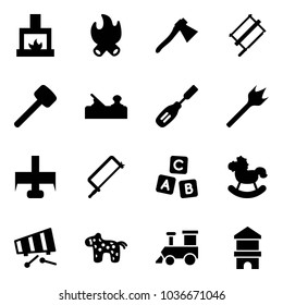 Solid vector icon set - fireplace vector, fire, axe, bucksaw, rubber hammer, jointer, chisel, wood drill, milling cutter, metal hacksaw, abc cube, rocking horse, xylophone, toy, train, block house