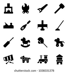 Solid vector icon set - fireplace vector, fire, saw, rubber hammer, jointer, chisel, milling cutter, hoe, awl, rocking horse, stick toy, wheel, xylophone, train, block house