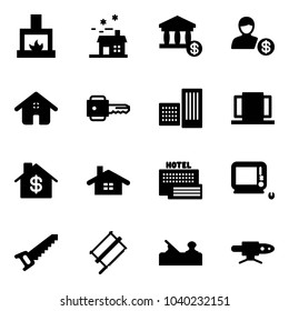 Solid vector icon set - fireplace vector, house, account, home, key, building, doors, dollar, sea hotel, monoblock pc, saw, bucksaw, jointer, pipe welding