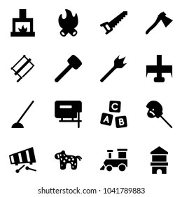 Solid vector icon set - fireplace vector, fire, saw, axe, bucksaw, rubber hammer, wood drill, milling cutter, hoe, jig, abc cube, horse stick toy, xylophone, train, block house
