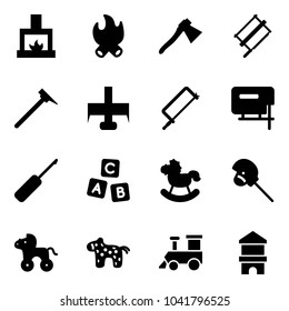 Solid vector icon set - fireplace vector, fire, axe, bucksaw, mason hammer, milling cutter, metal hacksaw, jig saw, awl, abc cube, rocking horse, stick toy, wheel, train, block house