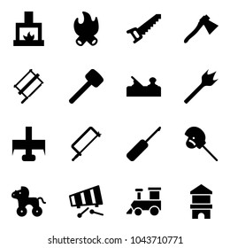 Solid vector icon set - fireplace vector, fire, saw, axe, bucksaw, rubber hammer, jointer, wood drill, milling cutter, metal hacksaw, awl, horse stick toy, wheel, xylophone, train, block house