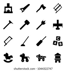 Solid vector icon set - fireplace vector, saw, axe, bucksaw, mason hammer, rubber, wood drill, milling cutter, metal hacksaw, hoe, awl, abc cube, rocking horse, wheel, toy, block house