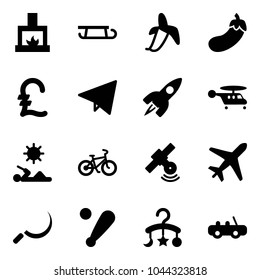 Solid vector icon set - fireplace vector, sleigh, banana, eggplant, pound, paper fly, rocket, helicopter, reading, bike, satellite, plane, sickle, baseball bat, baby carousel, toy car