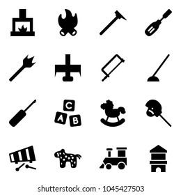 Solid vector icon set - fireplace vector, fire, mason hammer, chisel, wood drill, milling cutter, metal hacksaw, hoe, awl, abc cube, rocking horse, stick toy, xylophone, train, block house