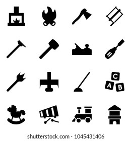 Solid vector icon set - fireplace vector, fire, axe, bucksaw, mason hammer, rubber, jointer, chisel, wood drill, milling cutter, hoe, abc cube, rocking horse, xylophone, toy train, block house