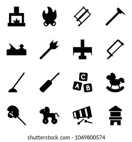 Solid vector icon set - fireplace vector, fire, bucksaw, mason hammer, jointer, wood drill, milling cutter, metal hacksaw, hoe, awl, abc cube, rocking horse, stick toy, wheel, xylophone, block house
