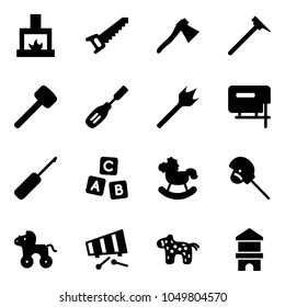 Solid vector icon set - fireplace vector, saw, axe, mason hammer, rubber, chisel, wood drill, jig, awl, abc cube, rocking horse, stick toy, wheel, xylophone, block house