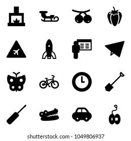 Solid vector icon set - fireplace vector, sleigh, rowanberry, sweet pepper, airport road sign, rocket, presentation, paper fly, butterfly, bike, clock, shovel, awl, crocodile, car, yoyo