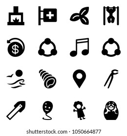 Solid vector icon set - fireplace vector, first aid room, three leafs, pull ups, money back, social, music, community, waves, shell, navigation pin, plumber, tile drill, balloon smile, doll, russian
