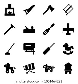 Solid vector icon set - fireplace vector, saw, axe, bucksaw, mason hammer, jointer, chisel, milling cutter, hoe, jig, awl, rocking horse, wheel, xylophone, toy, block house