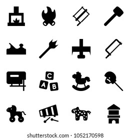 Solid vector icon set - fireplace vector, fire, bucksaw, rubber hammer, jointer, wood drill, milling cutter, metal hacksaw, jig saw, abc cube, rocking horse, stick toy, wheel, xylophone, block house