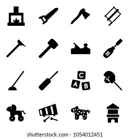 Solid vector icon set - fireplace vector, saw, axe, bucksaw, mason hammer, rubber, jointer, chisel, hoe, awl, abc cube, horse stick toy, wheel, xylophone, block house