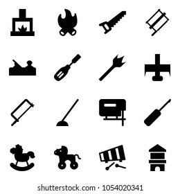 Solid vector icon set - fireplace vector, fire, saw, bucksaw, jointer, chisel, wood drill, milling cutter, metal hacksaw, hoe, jig, awl, rocking horse, wheel, xylophone, toy block house