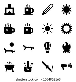 Solid vector icon set - fireplace vector, tea, thermometer, sun, hot, green, lounger, air balloon, fire, grill, casting of steel, soldering iron, dryer