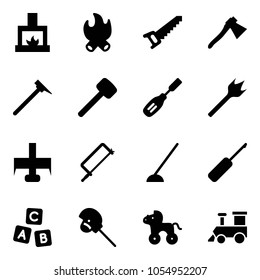 Solid vector icon set - fireplace vector, fire, saw, axe, mason hammer, rubber, chisel, wood drill, milling cutter, metal hacksaw, hoe, awl, abc cube, horse stick toy, wheel, train