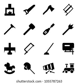 Solid vector icon set - fireplace vector, saw, axe, bucksaw, mason hammer, rubber, chisel, wood drill, milling cutter, metal hacksaw, hoe, jig, rocking horse, stick toy, xylophone, train