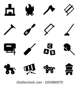 Solid vector icon set - fireplace vector, fire, axe, bucksaw, mason hammer, chisel, metal hacksaw, hoe, jig saw, awl, abc cube, horse stick toy, wheel, xylophone, block house