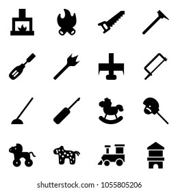 Solid vector icon set - fireplace vector, fire, saw, mason hammer, chisel, wood drill, milling cutter, metal hacksaw, hoe, awl, rocking horse, stick toy, wheel, train, block house