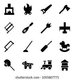 Solid vector icon set - fireplace vector, fire, saw, axe, bucksaw, chisel, wood drill, milling cutter, metal hacksaw, hoe, awl, rocking horse, stick toy, train, block house