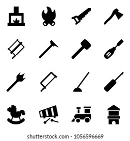 Solid vector icon set - fireplace vector, fire, saw, axe, bucksaw, mason hammer, rubber, chisel, wood drill, metal hacksaw, hoe, awl, rocking horse, xylophone, toy train, block house