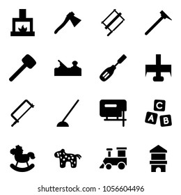 Solid vector icon set - fireplace vector, axe, bucksaw, mason hammer, rubber, jointer, chisel, milling cutter, metal hacksaw, hoe, jig saw, abc cube, rocking horse, toy, train, block house