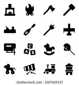 Solid vector icon set - fireplace vector, fire, axe, rubber hammer, jointer, chisel, wood drill, milling cutter, jig saw, abc cube, rocking horse, stick toy, wheel, xylophone, train, block house