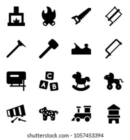 Solid vector icon set - fireplace vector, fire, saw, bucksaw, mason hammer, rubber, jointer, metal hacksaw, jig, abc cube, rocking horse, wheel, xylophone, toy, train, block house