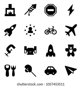 Solid vector icon set - fireplace vector, firework rocket, no way road sign, lightning, star man, bike, plane, clamp, sharpening, bear toy, shovel fork, horse stick, car, paper