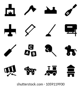 Solid vector icon set - fireplace vector, axe, jointer, chisel, milling cutter, metal hacksaw, hoe, jig saw, awl, abc cube, horse stick toy, wheel, xylophone, train, block house
