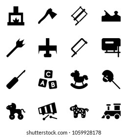 Solid vector icon set - fireplace vector, axe, bucksaw, jointer, wood drill, milling cutter, metal hacksaw, jig saw, awl, abc cube, rocking horse, stick toy, wheel, xylophone, train