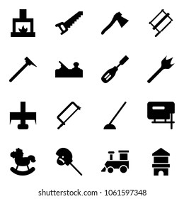 Solid vector icon set - fireplace vector, saw, axe, bucksaw, mason hammer, jointer, chisel, wood drill, milling cutter, metal hacksaw, hoe, jig, rocking horse, stick toy, train, block house