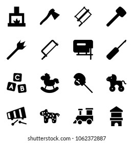 Solid vector icon set - fireplace vector, axe, bucksaw, rubber hammer, wood drill, metal hacksaw, jig saw, awl, abc cube, rocking horse, stick toy, wheel, xylophone, train, block house