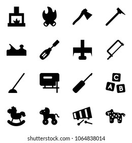 Solid vector icon set - fireplace vector, fire, axe, mason hammer, jointer, chisel, milling cutter, metal hacksaw, hoe, jig saw, awl, abc cube, rocking horse, wheel, xylophone, toy