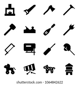 Solid vector icon set - fireplace vector, saw, axe, mason hammer, rubber, jointer, chisel, wood drill, metal hacksaw, jig, awl, horse stick toy, wheel, xylophone, block house