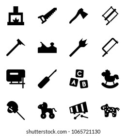 Solid vector icon set - fireplace vector, saw, axe, bucksaw, mason hammer, jointer, wood drill, metal hacksaw, jig, awl, abc cube, rocking horse, stick toy, wheel, xylophone