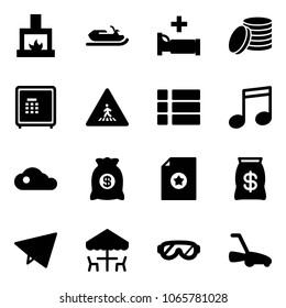 Solid vector icon set - fireplace vector, snowmobile, hospital bed, coin, safe, pedestrian road sign, menu, music, cloud, money bag, certificate, paper fly, outdoor cafe, protective glasses