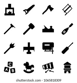 Solid vector icon set - fireplace vector, saw, axe, bucksaw, mason hammer, rubber, jointer, chisel, wood drill, milling cutter, jig, awl, abc cube, rocking horse, xylophone, toy block house